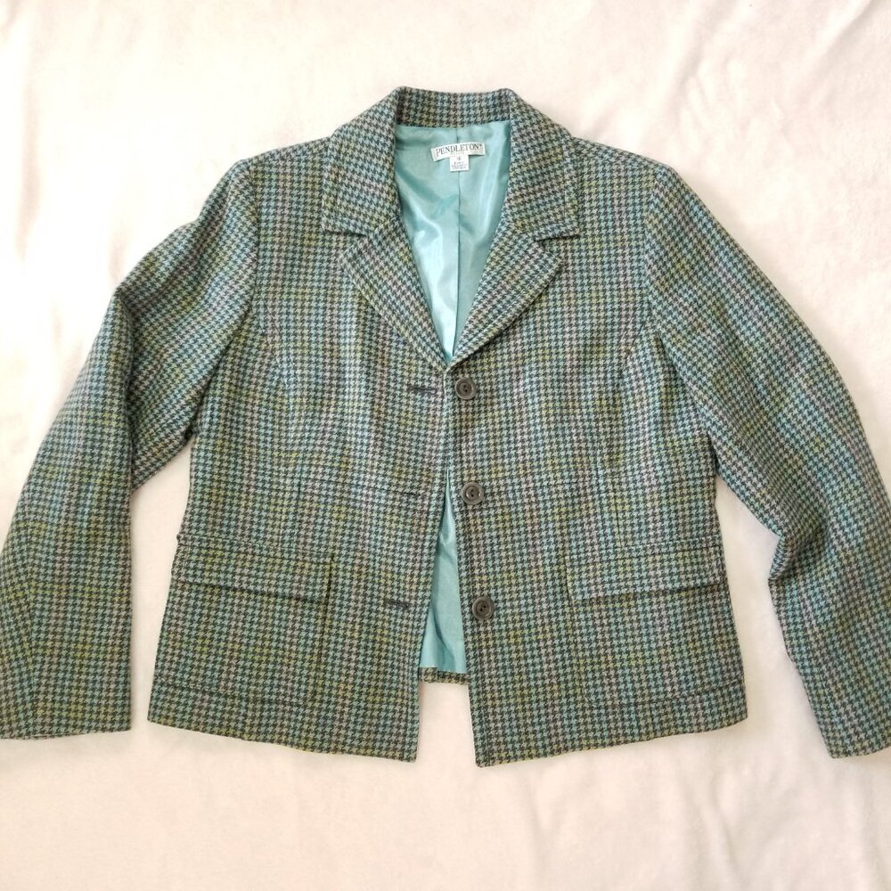 Pendleton Lambs Wool Women's Blazer Jacket Blue and Black Hounds Tooth Size 16